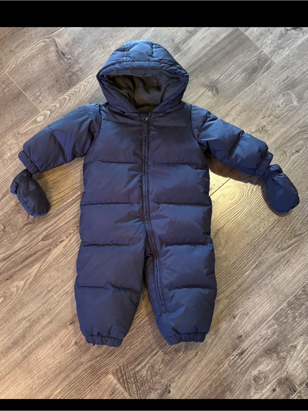 Baby Gap down snowsuit one piece with snap on mittens 12-18 months